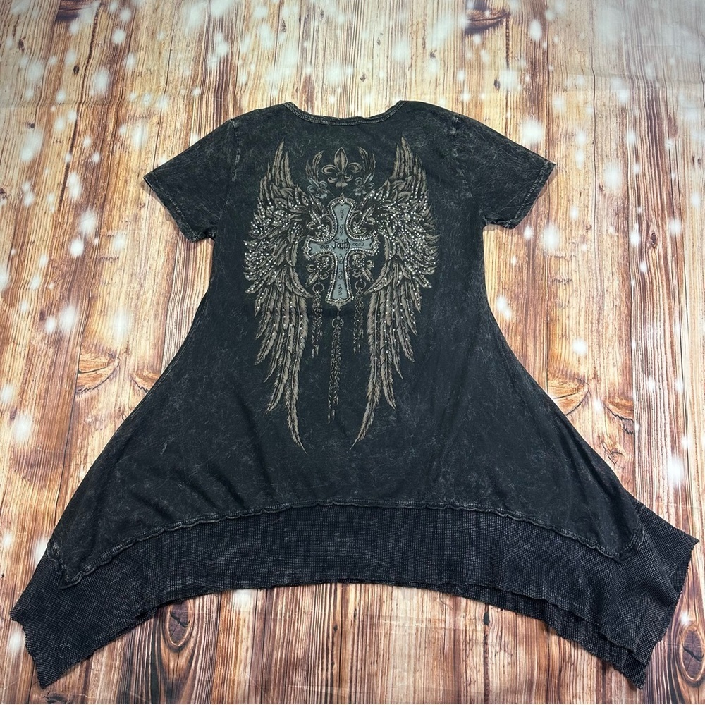 Y2K Grunge Rhinestone Cross Wings Tunic Top Acid Wash Short Sleeve Size Medium - Picture 9 of 15
